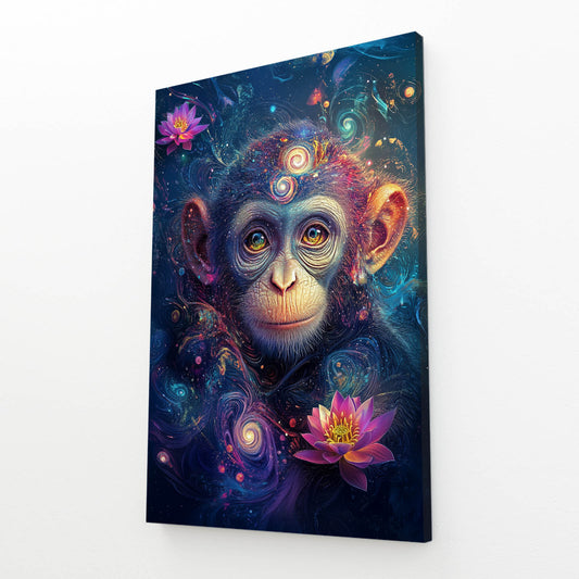 Cosmic Lotus Mystic Monkey Prints – angled canvas view on white background