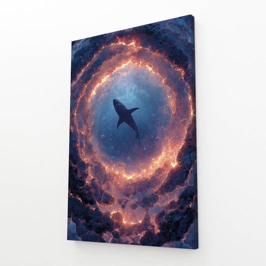 Cosmic Ring Vortex Shark Wall Art – angled canvas view on white background