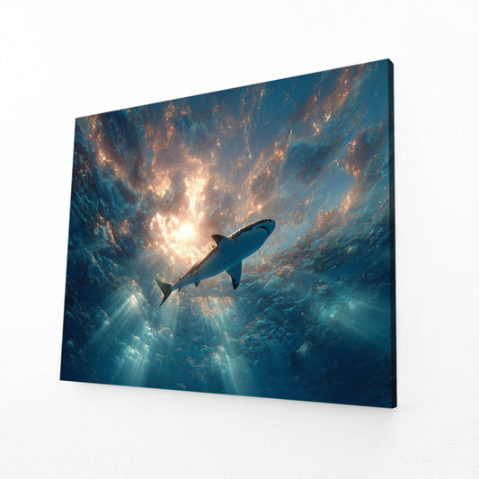Cosmic Sunburst Ocean Shark Wall Art – angled canvas view on white background