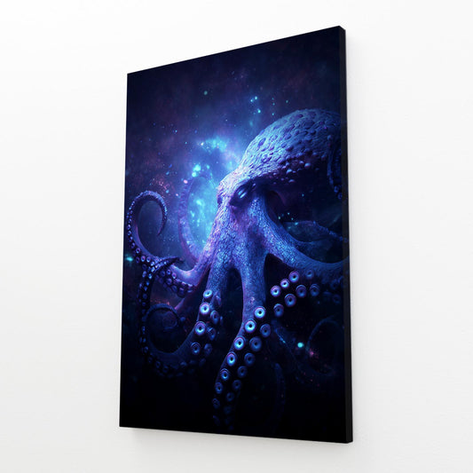 Cosmic Violet Cloud Octopus Wall Decor – angled canvas view on white background