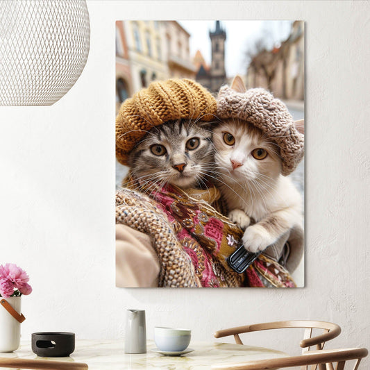 Cozy Travel Cat Wall Art — photography canvas print in brown tones