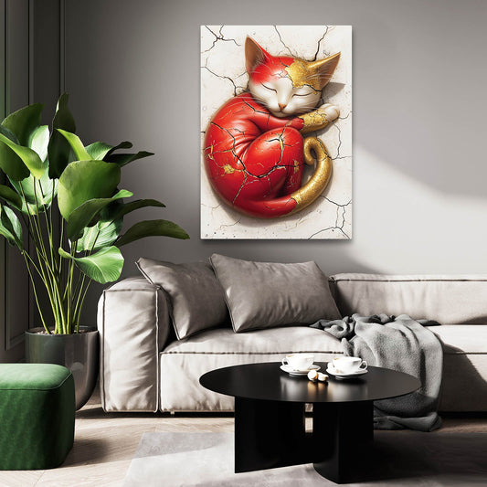 Cracked Elegance Cat Art — 3d canvas print in red tones, view 3