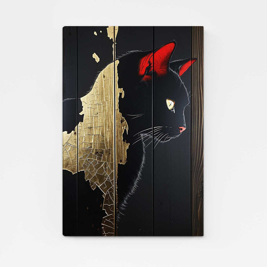 Cracked Gold Shadow Cat Art – angled canvas view on white background