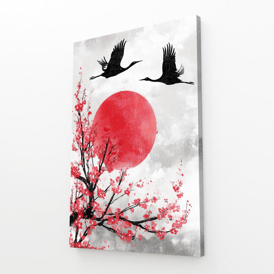Cranes Red Sun Cherry Blossom Canvas – angled canvas view on white background