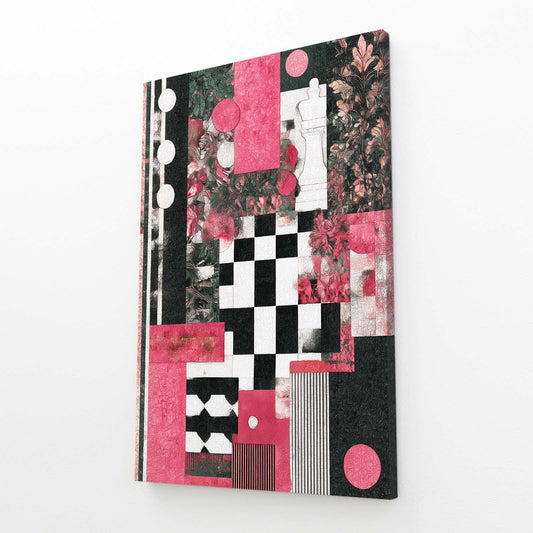 Crimson Collage Blocks Chess Canvas – angled canvas view on white background