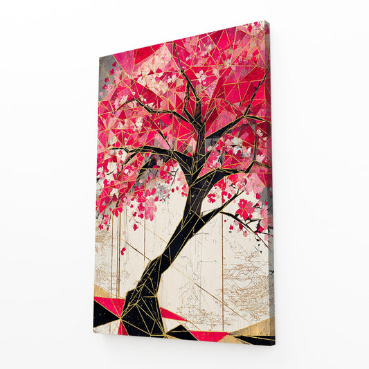 Crimson Geometric Tree Cherry Blossom Wall Art – angled canvas view on white background