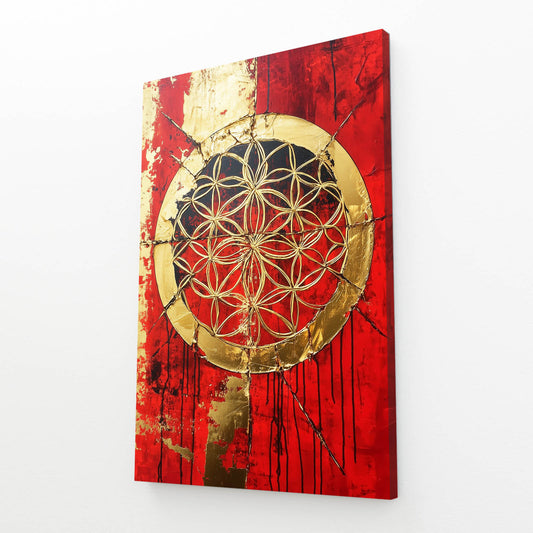 Crimson Gold Fracture Flower Of Life Prints – angled canvas view on white background