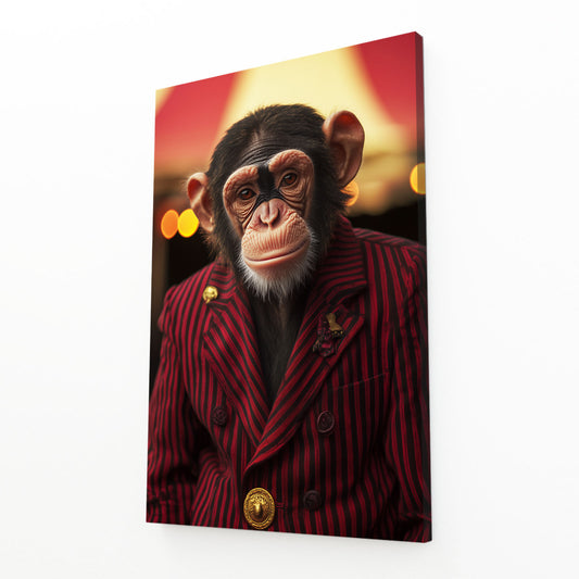 Crimson Suit Ringmaster Monkey Wall Art – angled canvas view on white background