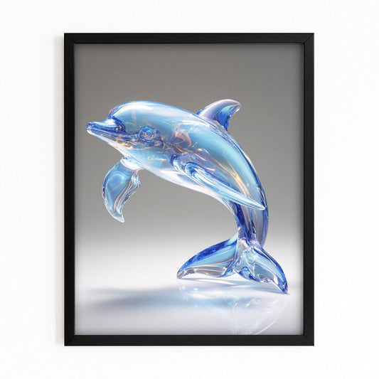 Crystal Glass Dolphin Artwork – with Premium Black wood frame on white background