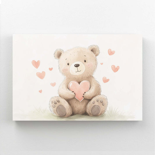 Cute Bear Art — cute canvas print in white tones, angled canvas view on white background