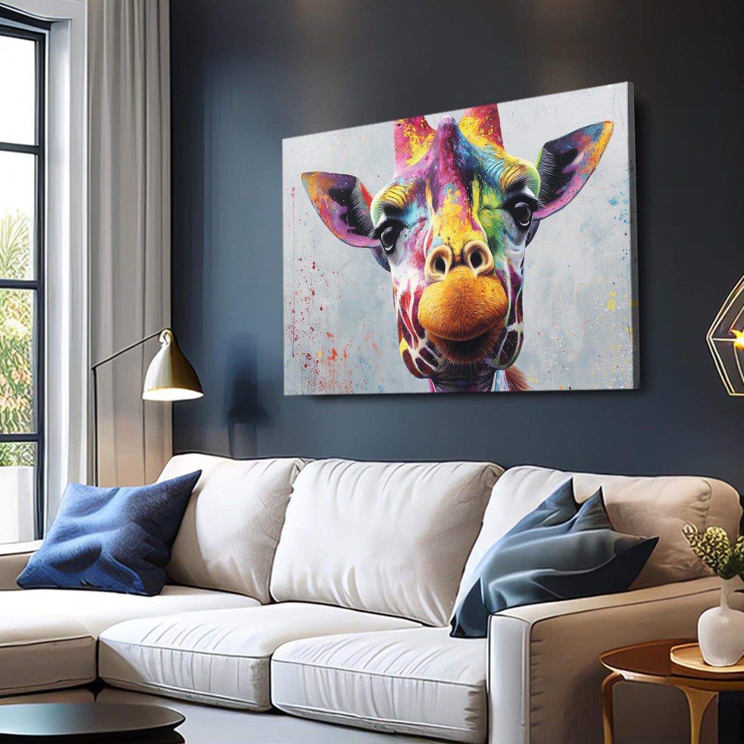 Colorful giraffe painting on a wall above a white sofa with blue pillows.