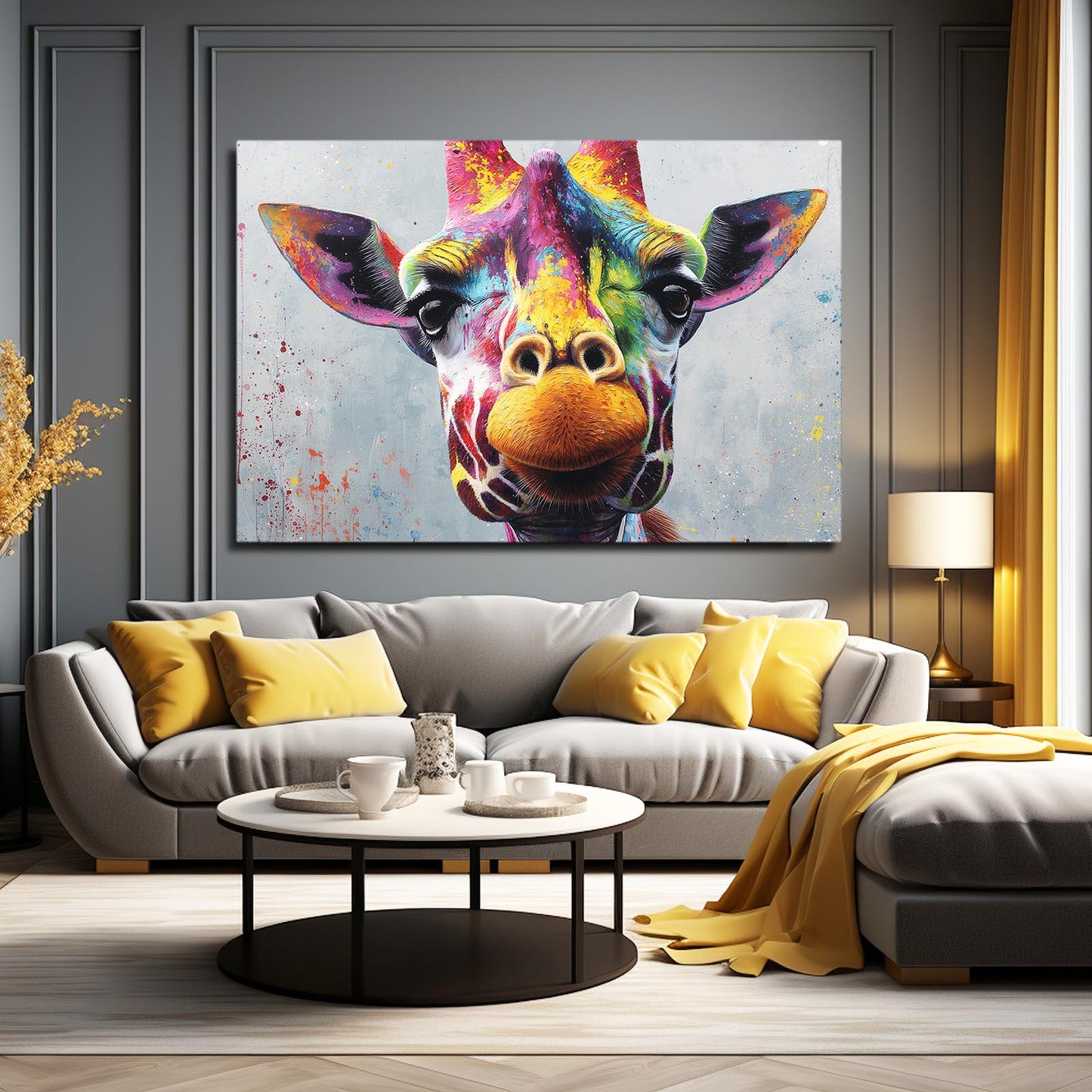 Colorful giraffe painting on a wall above a gray sofa with yellow cushions in a modern living room.