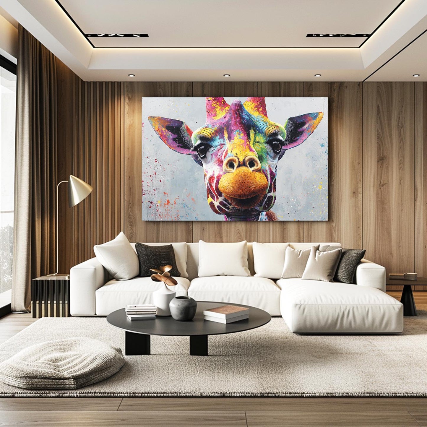 Modern living room with a colorful giraffe painting on the wall.