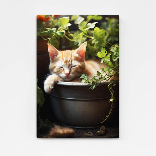 Cute Sleeping Cat Wall Art – angled canvas view on white background