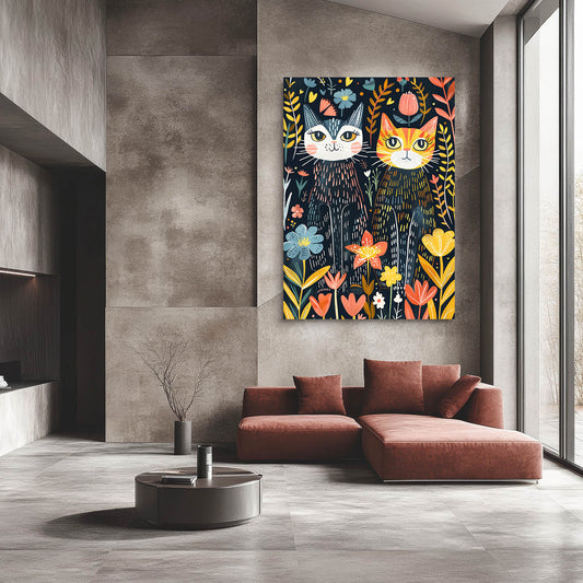 Cute Wall Art Cat — botanical canvas print in blue tones, view 3