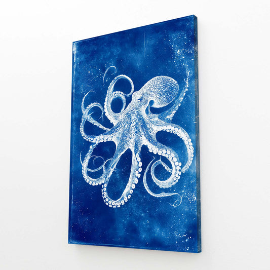 Cyanotype Print Octopus Wall Decor – angled canvas view on white background