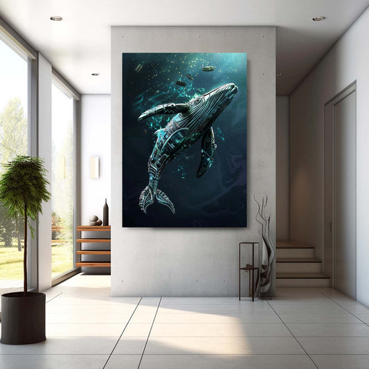 Cyber Abyss Whale Art — 3d canvas print in blue tones, view 3