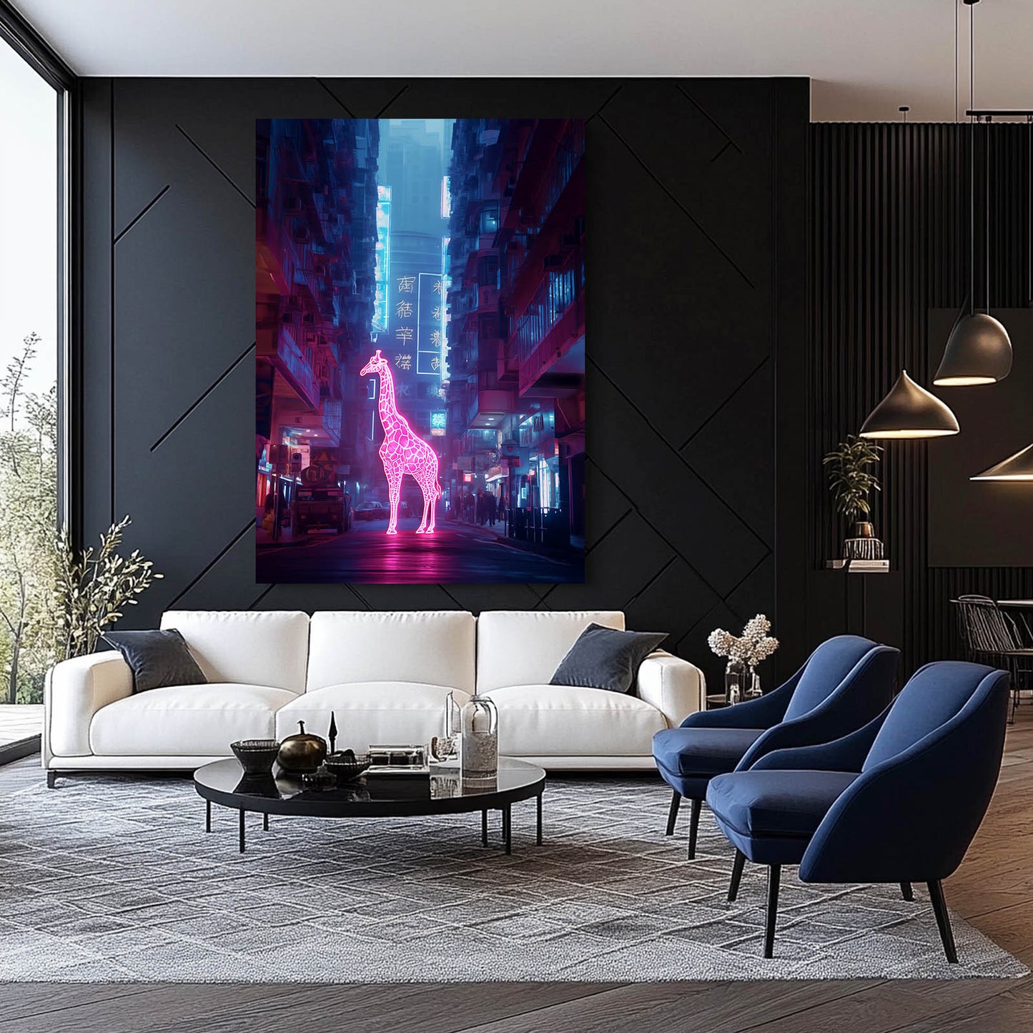 Modern living room with a white sofa, blue chairs, and a futuristic artwork of a giraffe on a black wall.