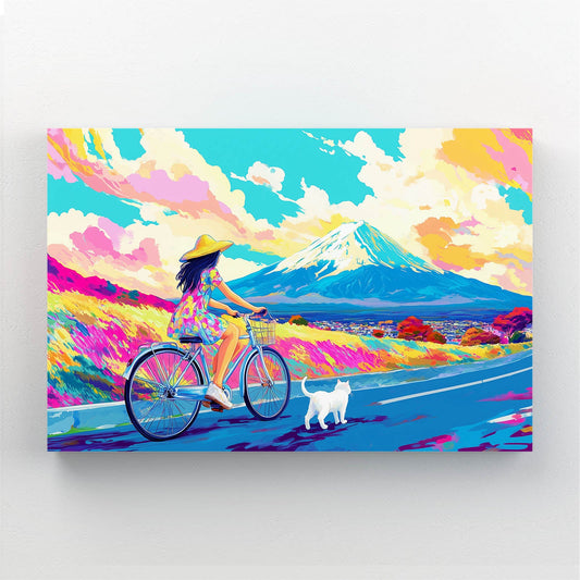 Cycling Dream Wall Art Cat — anime canvas print in blue tones, angled canvas view on white background