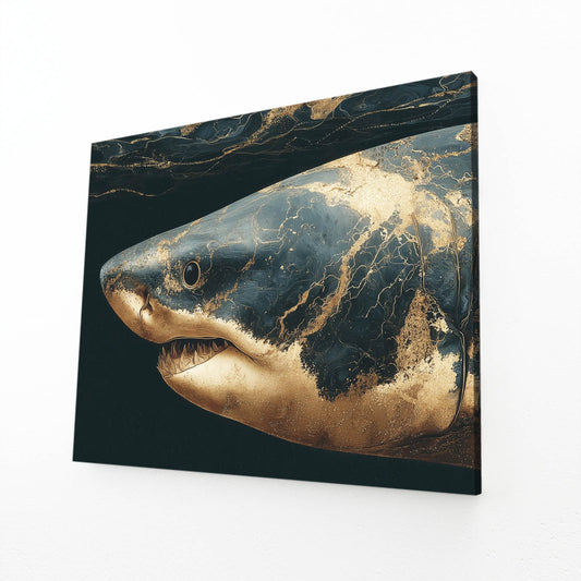 Dark Gold Marble Shark Canvas Art – angled canvas view on white background