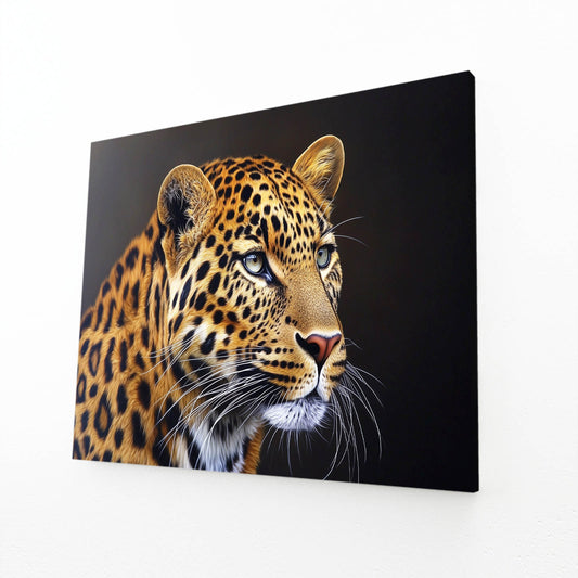 Dark Profile Portrait Leopard Art – angled canvas view on white background