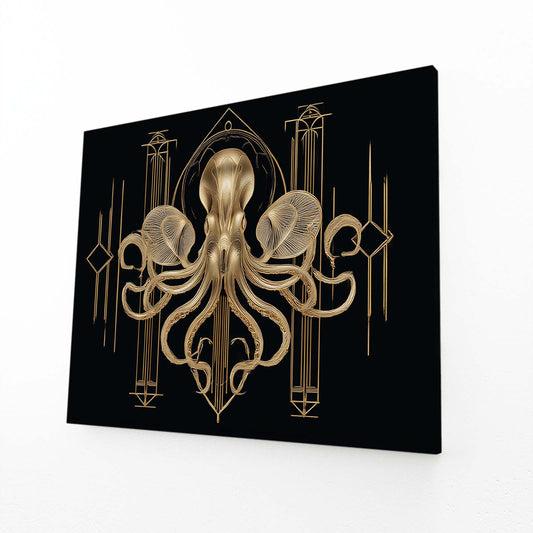 Deco Gold Crest Octopus Canvas Art – angled canvas view on white background