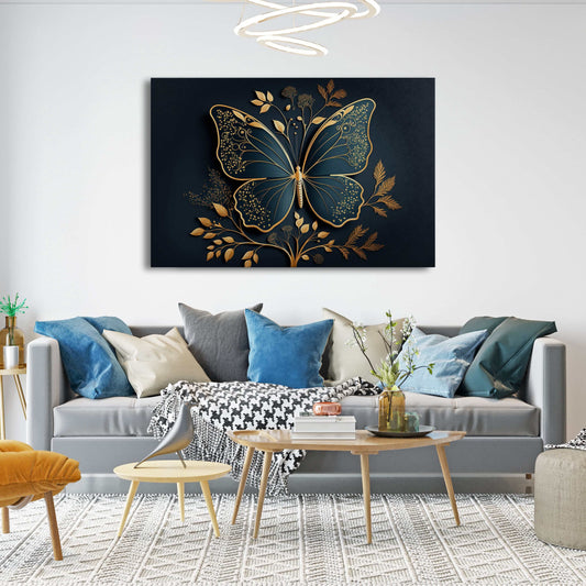 Decorative Butterfly Wall Art — 3d canvas print in blue tones, view 3