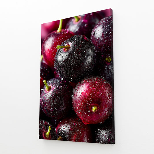 Dewy Dark Cherries Fruit Wall Decor – angled canvas view on white background