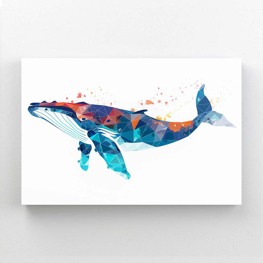 Digital Geometric Whale Art — geometric canvas print in white tones, angled canvas view on white background