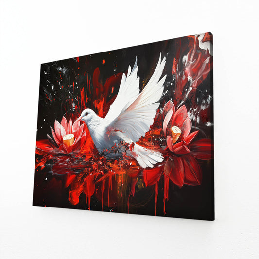 Dove And Red Lotus Peace Wall Art – angled canvas view on white background