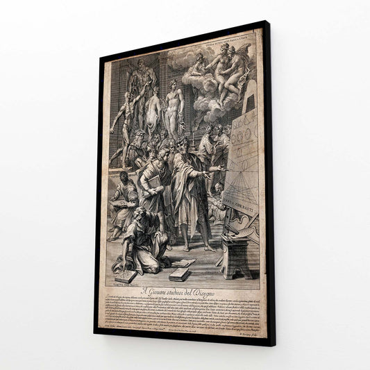 Drawing Academy Scene Da Vinci Wall Decor — vintage canvas print, angled canvas view on white background
