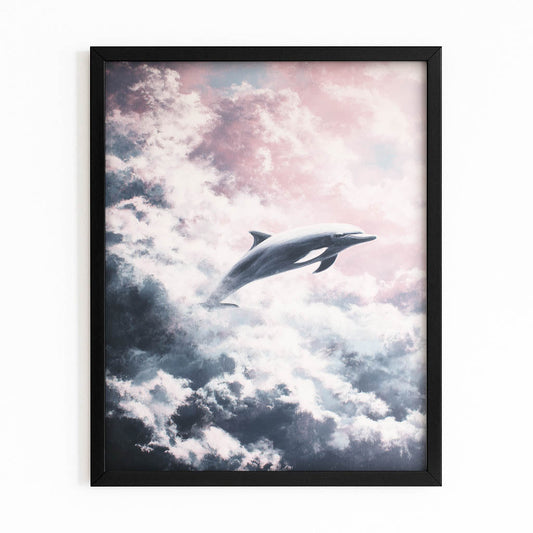 Dream Cloud Dolphin Canvas – with Premium Black wood frame on white background