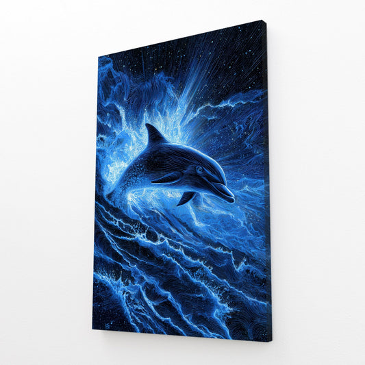 Electric Surge Dolphin Art – angled canvas view on white background