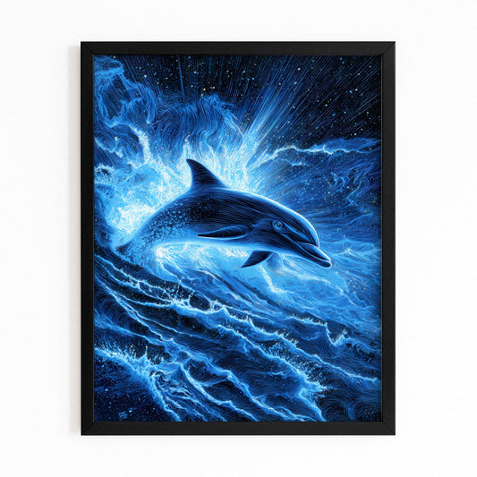 Electric Surge Dolphin Art – with Premium Black wood frame on white background