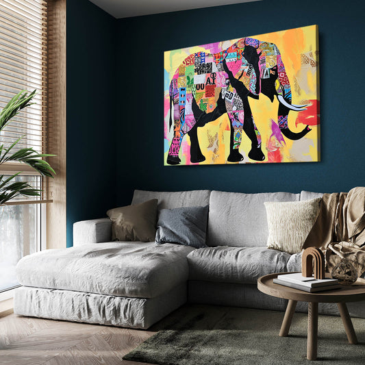 Elephant Collage Art — pop art canvas print in orange tones, view 3