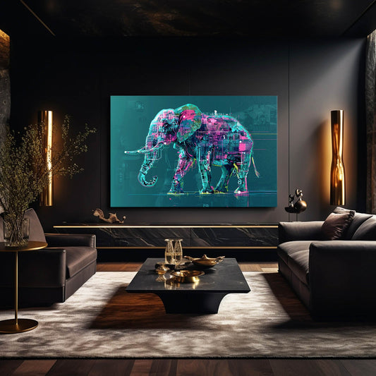 Elephant Cyberpunk Canvas — 3d canvas print in blue tones, view 3