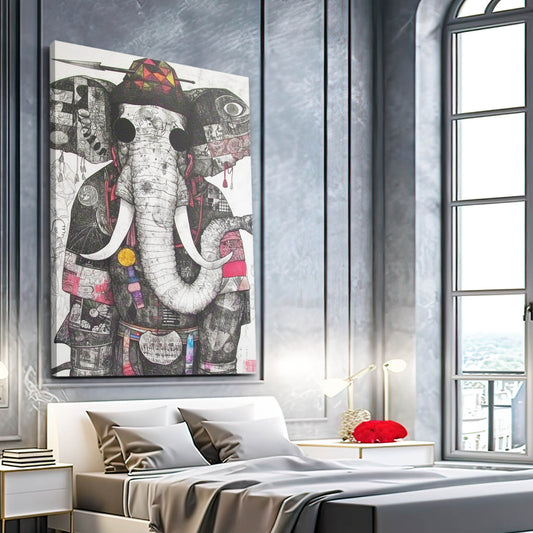 Elephant Line Art Collage — line canvas print in white tones, view 3