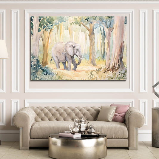 Elephant Watercolor Forest Art — watercolor canvas print in white tones, view 3