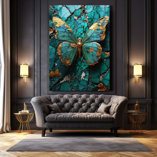 Emerald Butterfly Wall Art — 3d canvas print in blue tones, view 3