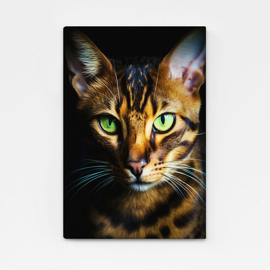 Emerald Gaze Cat Art – angled canvas view on white background