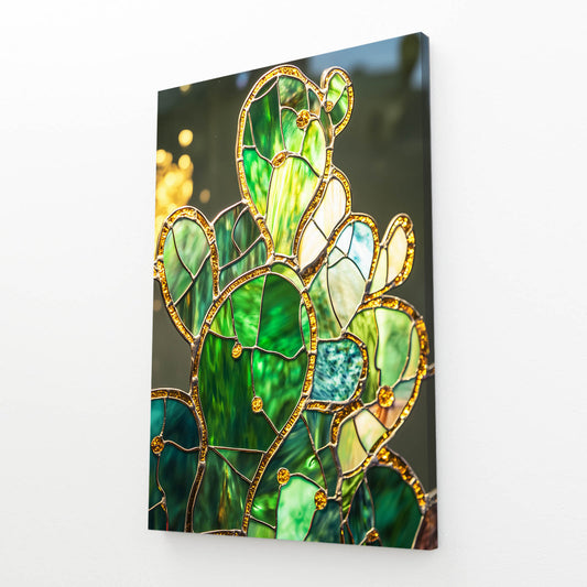 Emerald Glass Panel Cactus Canvas Art – angled canvas view on white background
