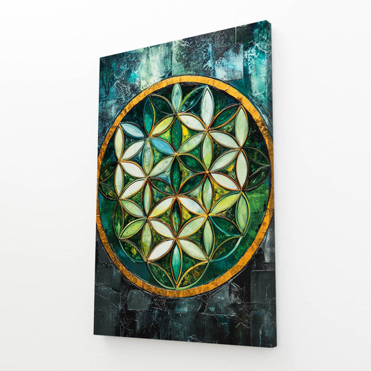 Emerald Glass Wheel Flower Of Life Wall Art – angled canvas view on white background