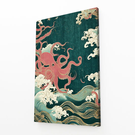 Emerald Wave Scroll Octopus Canvas – angled canvas view on white background