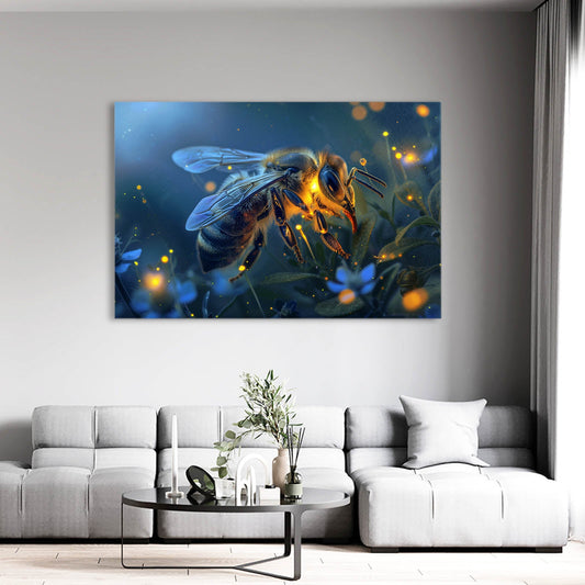 Enchanted Night Bee Art — contemporary canvas print in blue tones, view 3