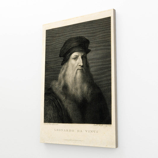 Engraved Master Portrait Da Vinci Prints — vintage canvas print, angled canvas view on white background
