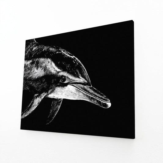 Etched Shadow Dolphin Art – angled canvas view on white background