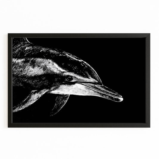 Etched Shadow Dolphin Art – with Premium Black wood frame on white background