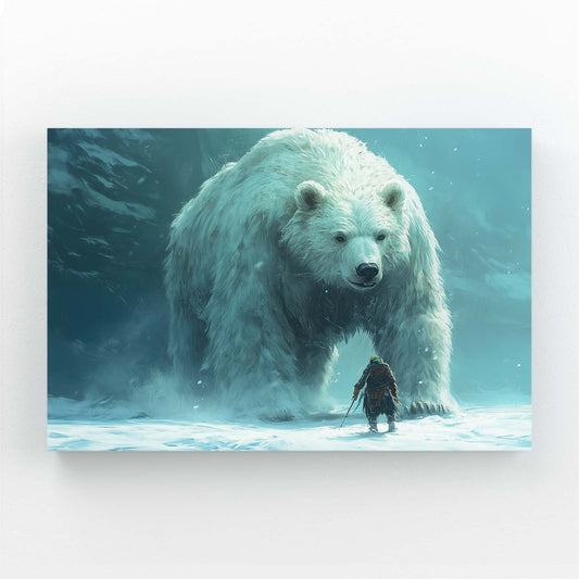 Fantasy Art Bear Rider — fantasy canvas print in blue tones, angled canvas view on white background