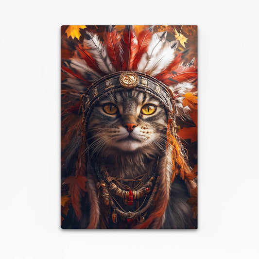Feather Crown Cat Wall Art — digital canvas print in red tones, canvas print on white background