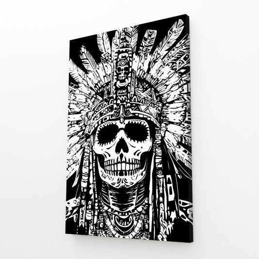 Feathered Headdress Skull Mexican Canvas — contemporary canvas print, angled canvas view on white background